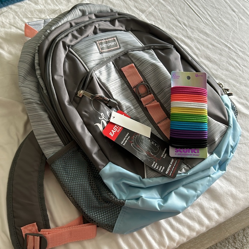 NWT Bundle Backpack Project. need to remove or cover iron on. NWT Hair ties!